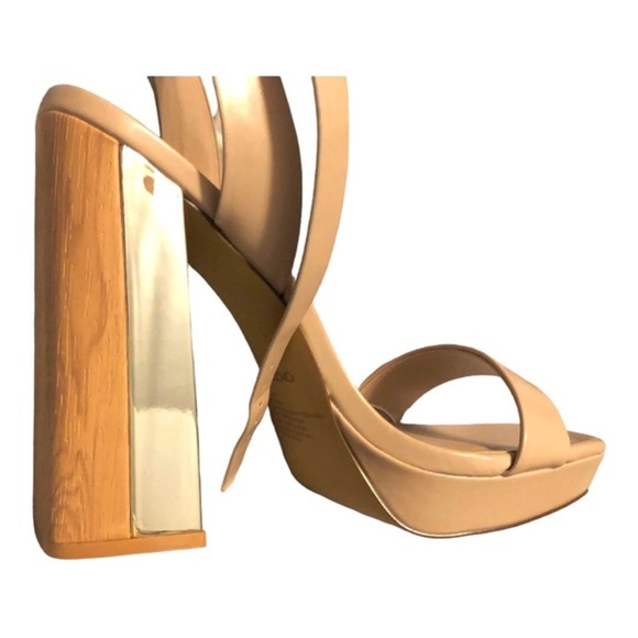 Aldo tan open toe stacked gold mirrored wooden platform heels size 10‎ brand new - Picture 5 of 14